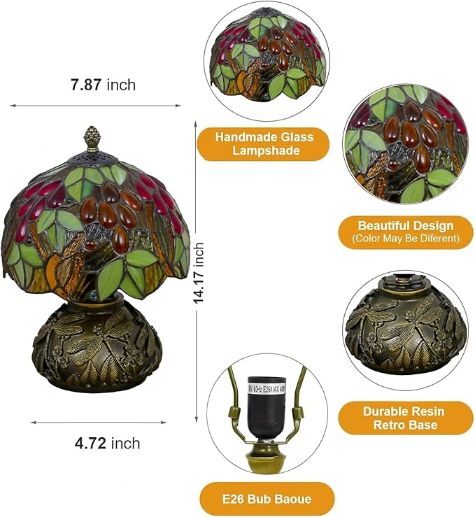 Small Tiffany Table Lamp Stained Glass Nightstand Lamps Bedside Purple Grape Desk Light for Office Bar Retro Bedroom Living Room,7.87 inch
