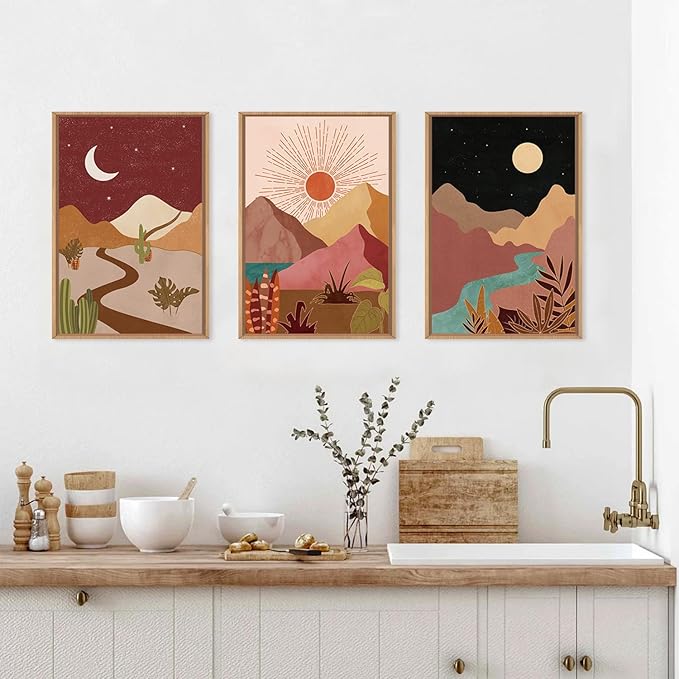 LHIUEM Large Boho Southwest Mountain Framed Canvas Wall Art,Abstract Desert Colorful Wall Decor,Nature Moon and Sun Wall Painting,Bohemian Artwork for Living Room,Bedroom,Dining Room,Office -16"x24"x3