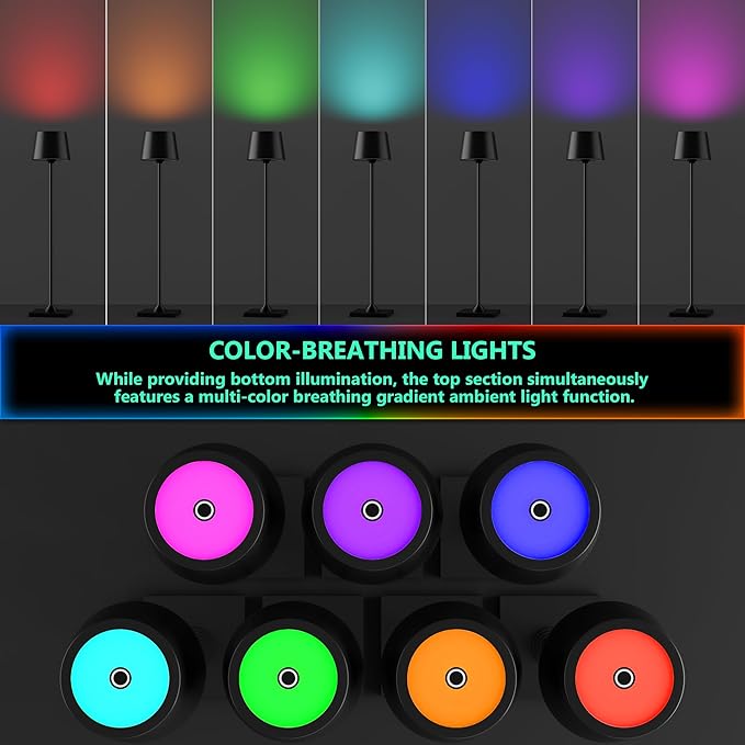 Modern LED Color-Changing Cordless Table lamp, 7 Colors, metal Shade, Touch control with sleep mode for Restaurant, Bedroom, Outdoor Camping, Coffee Shop, Night Light, Rechargeable (Black 1pack)