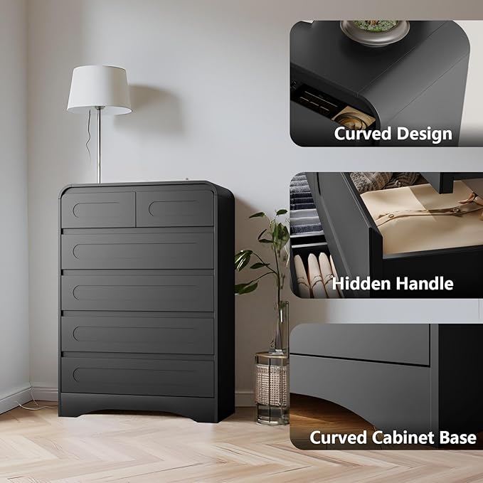 Tall Dressers for Bedroom, 6 Drawers Dresser & Chest of Drawers with Pre-Installed Slides&Curved Profile Design, Modern Closet Storage Wood Dressers Organizer for Living Room Hallway, Black