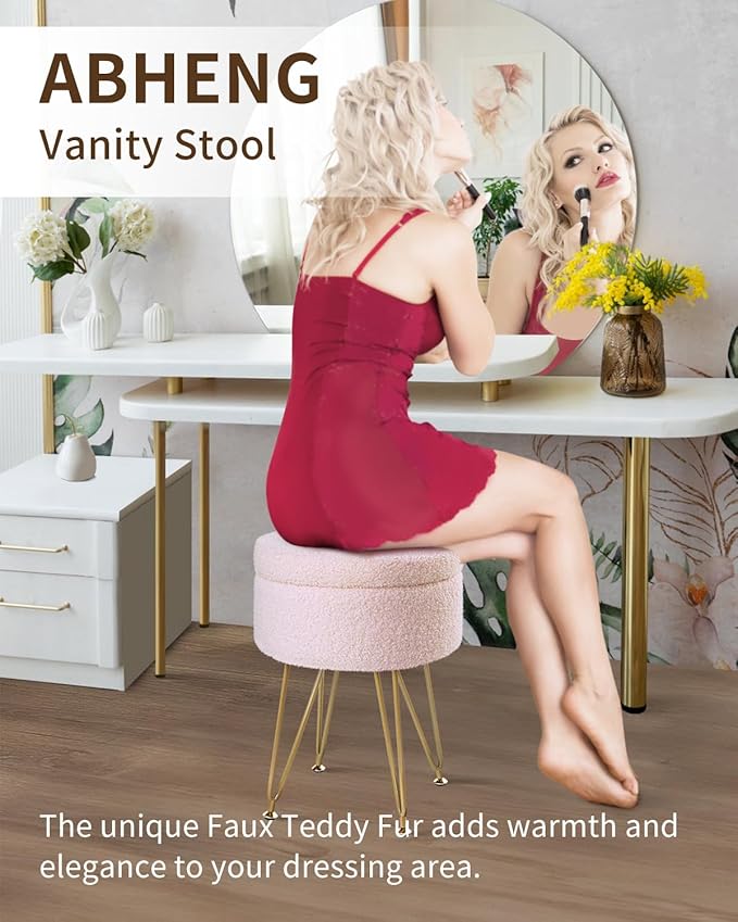 ABHENG Storage Ottoman Round Footrest Stool, Vanity Stool Chair Faux Teddy Fur with Storage, Pouf Couch Stool, Dressing Table Seat, Modern Multifunctional Chairs, 12.6"x12.6"x17.4" Jelly Pink UASND51P