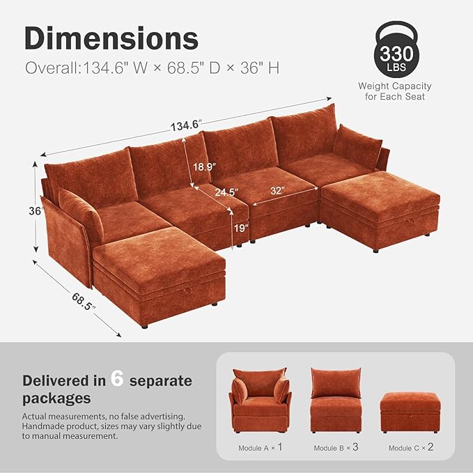 ABCASA 134.6" Oversized Modular Sectional Sofa, 6 Seater U Shaped Couch with Storage Ottoman with Reversible Chaise Deep Seat for Living Room, Apartment - Chenille Terracotta Orange