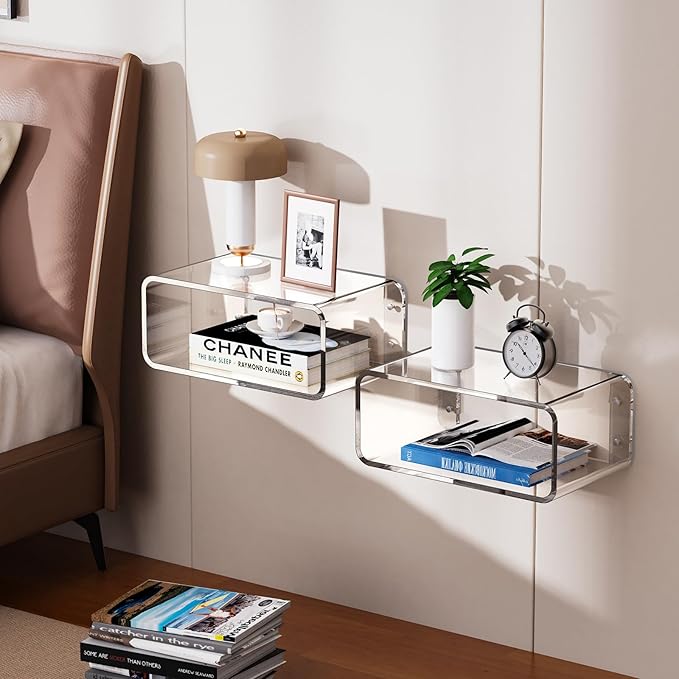 Acrylic Floating Nightstand, Bedside Table, Nightstand Shelf Wall Mounted Bedside Shelf (Clear, Small)