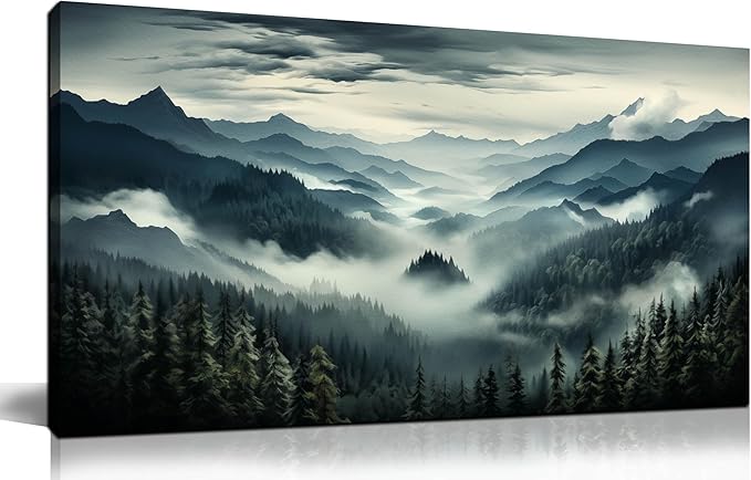 Large Living Room Wall Art Foggy Green Forest Artwork for Bedroom Home Office Nature Pictures Modern Wall Art Framed Canvas Prints 20x40 Inch