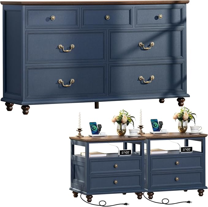 Farmhouse Furniture Set, Nightstands Set of 2 and 7 Drawers Dresser for Bedroom, 54 Inch Wide Wood Dresser and 24" Night Stands with Charging Station for Bedroom, Living Room, Hallway