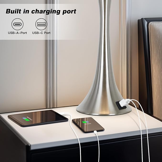 27.5" Silver Table Lamps, Touch Bedside Lamps with USB C+A Ports, 3 Way Dimmable Nightstand Lamps for Bedroom, Living Room, Office, Silver Lamp with Beige Lampshade, Bulbs Included (1 Pack)