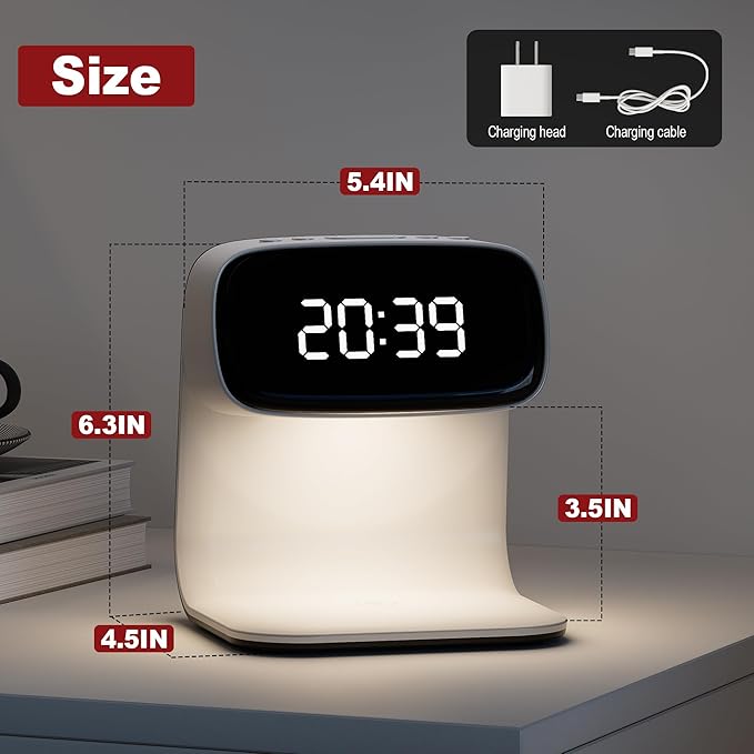 Digital Alarm Clock with Wireless Fast Charging Station 15W Touch Smart Lamp for Bedside,3 Colors Nightlight Adjustment Night Lamp for Living Room,Bedside,Heavy Sleepers (White+Cable&Adapter)