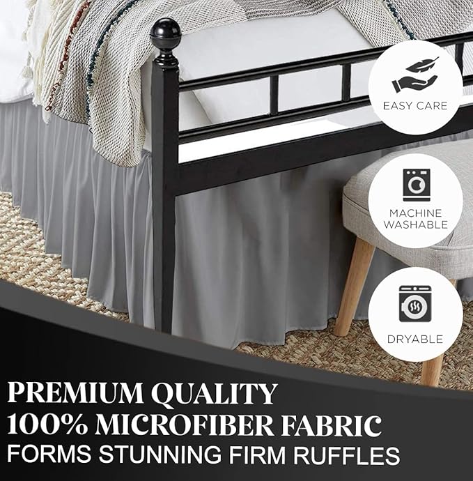 Ruffled Bed Skirt with Split Corners, Light Grey, Queen 16 Inch Drop Bedskirt, Hotel Quality Brushed Microfiber Wrinkle Free Dust Ruffle Bed Skirt Queen Size