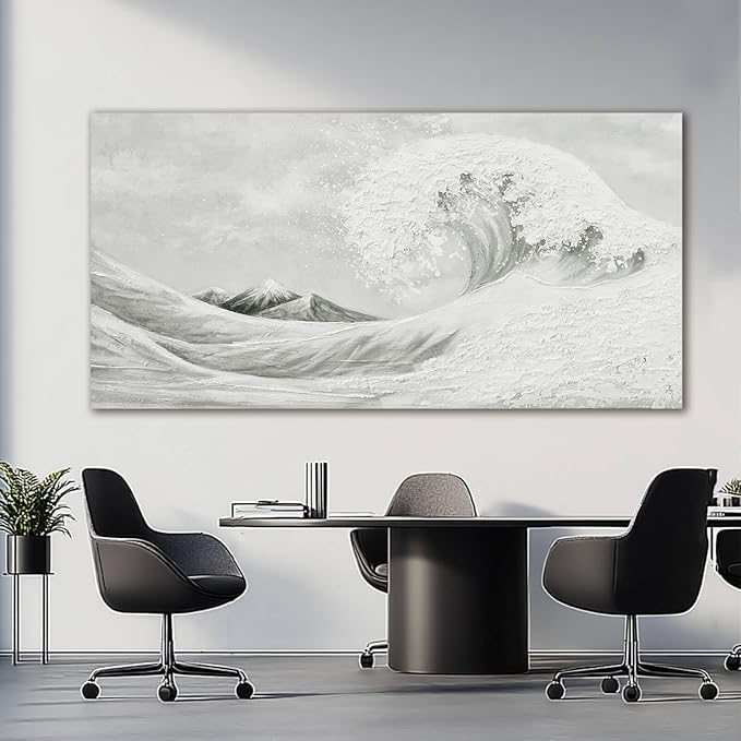 YETHEN WAL Neutral Grey Wave Wall Art – Textured Coastal Canvas Print with Hand-Painted Details, Minimalist Modern Seascape for Living Room Bedroom, 24×48 Inch