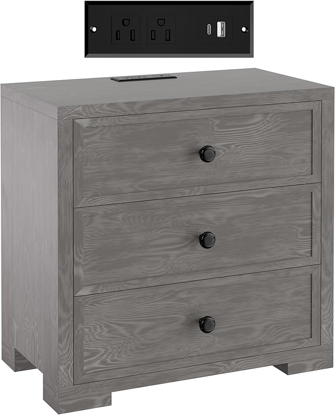COWMOU Nightstand with Drawers 3 Drawer Night Stand with Charging Station Farmhouse Style Large Bed Side Table Wooden Dresser for Bedroom Living Room (1, Grey Grain)