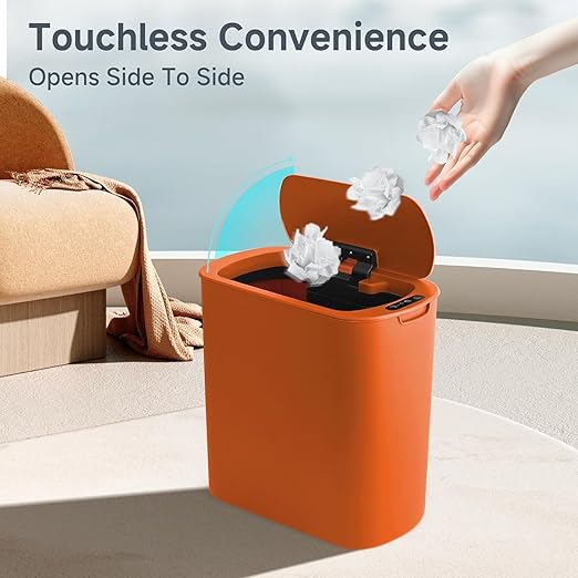 TIPGO Automatic Motion Sensor Bathroom Trash Can with Lid, 2.6 Gallon Touchless Trash Bin, Smart Garbage Can Plastic Slim Wastebasket for Bedroom, Office, Dorm (Orange)