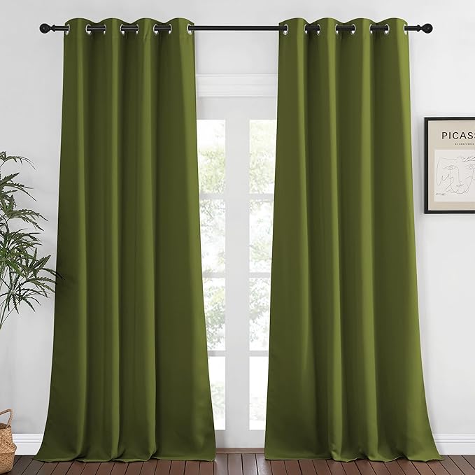 NICETOWN Blackout Window Curtain 90 inch Length - Room Darkening Thermal Insulated Grommet Large Window Treatment Light Blocking for Bedroom/Doorway (Olive Green, 1 Panel, W52 x L90)