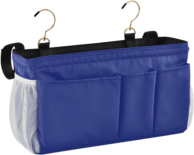 Blue Bedside Caddy Storage Bag Bedside Organizer for Bunk Bed Headboards College Organizer Caddy Hanging Shelf 6 Pockets with Hooks for Book Glasses Phone Holder