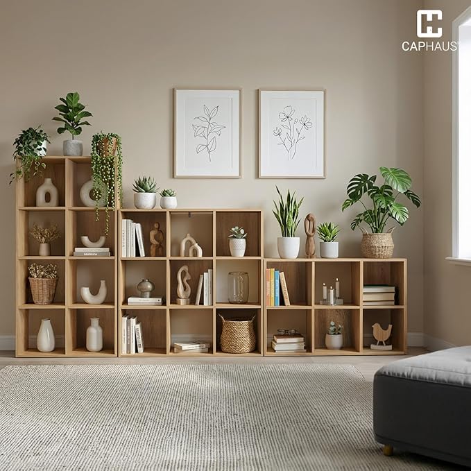 CAPHAUS Sturdy Room 11-Inch Cube Storage Organizer Shelf, with Thick Exterior Edge, Storage Shelf Divider w/Back, Bookcase, 8-Cube, Natural Oak