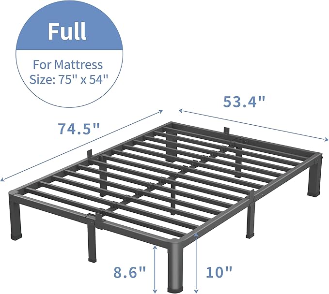 10 Inch Full Size Bed Frame, 3500Lbs Heavy Duty Metal Platform with Round Corner Legs Mattress Slide Stopper, Steel Slat Support No Box Spring Needed, Noise Free, Non-Slip, Easy Assembly