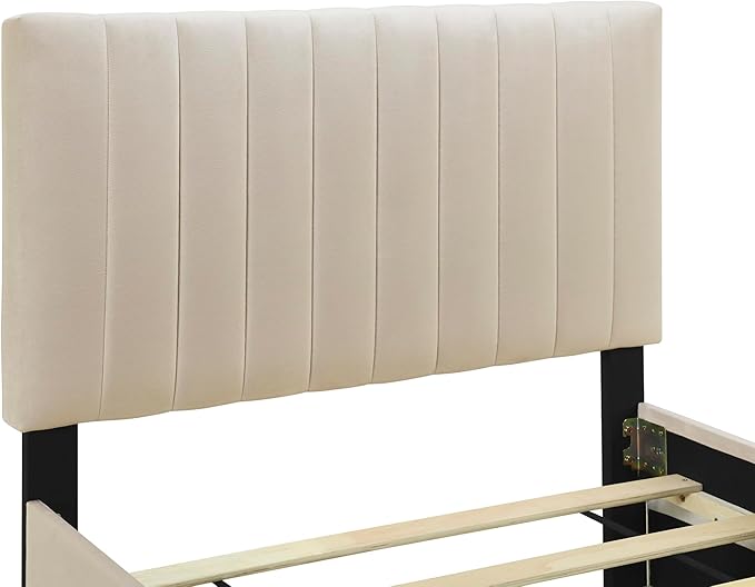 Twin Size Bed Frame with Trundle Bed,Velvet Upholstered Bed Frame,Twin Size Trundle Bed with Headboard,Upholstered Platform Bed Twin for Kids Teens Adults(Beige)