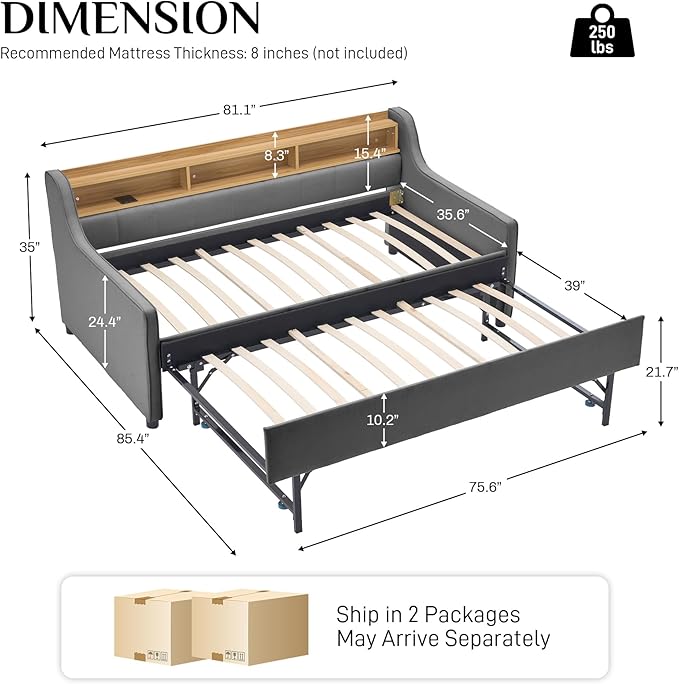 Twin Size Daybed with Pop Up Trundle Bed, Linen Upholstered Day Bed Frame with w/LED/USB/Type C/Storage Headboard, Twin to King Daybed for Living Room Bedroom, No Box Spring Needed, Dark Grey