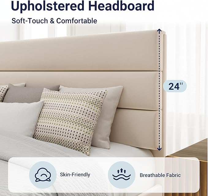 Allewie Queen Size Platform Bed Frame with Velvet Upholstered Headboard and Wooden Slats Support, Fully Upholstered Mattress Foundation/No Box Spring Needed/Easy Assembly, Cream