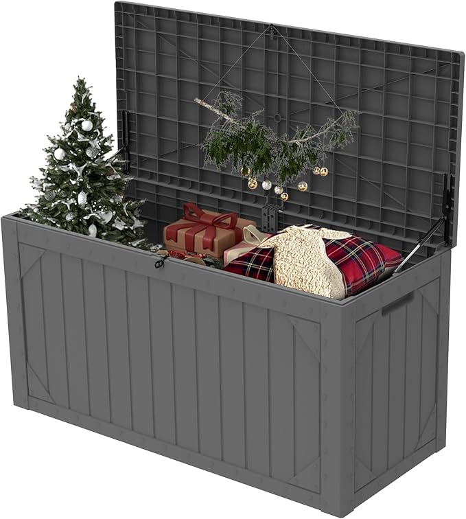 100 Gallon Outdoor Storage Box Waterproof, Lockable Resin Deck Box Patio Storage Bin for Pool Accessories Cushion Furniture, Garden Tools, UV-Resistant Outside Delivery, Grey