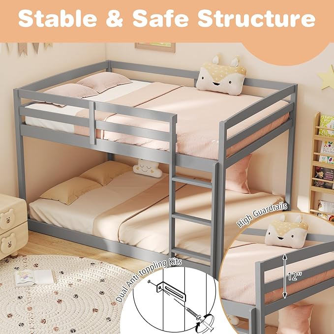 KOMFOTT Low Bunk Bed Full Over Full, Solid Wood Full Bed Frame with Built-in Ladder & Safety Guardrails, No Box Spring Needed, Space-Saving Low Bunk Bed for Kids & Teens