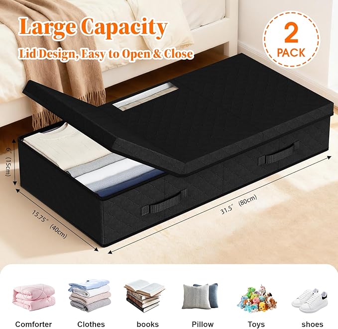 Under Bed Storage Containers with Lids - 2 Pack, Foldable and Stackable Clothes Storage Bags with Clear Window, 3-Sided Handles and Label Slot for Clothing, Blankets, Pillows (Black)