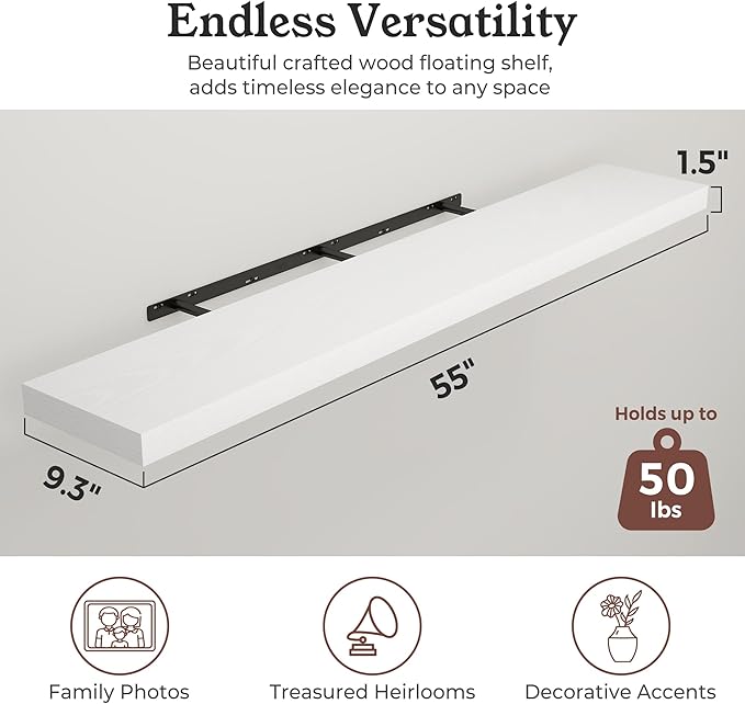 Floating Shelves for Wall, 9.3" Deep Wall Mounted Wood Shelves for Bathroom, Bedroom, Living Room, Kitchen, Hanging Shelf for Books/Storage/Room Decor (White, 55")