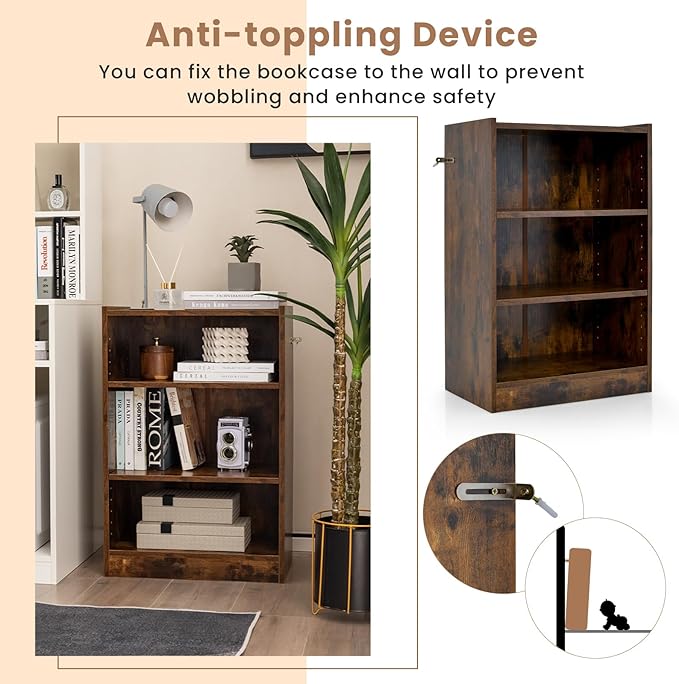 LOKO 3-Tier Open Bookcase, Modern 3-Cube Bookshelf with 18-Position Adjustable Shelves & Anti-toppling Devices, Multipurpose Cubical Display Storage Organizer for Living Room Study (1, Rustic Brown)