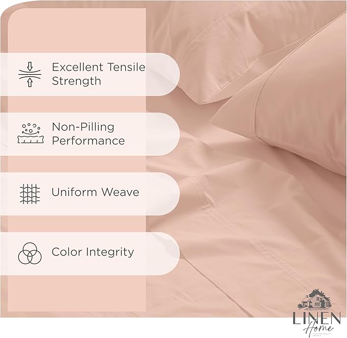 Linen Home 100% Cotton Percale Sheets King Size, Brushed Rose, Deep Pocket, 4 Pieces Set - 1 Flat, 1 Deep Pocket Fitted Sheet and 2 Pillowcases, Crisp Cool and Strong Bed Linen