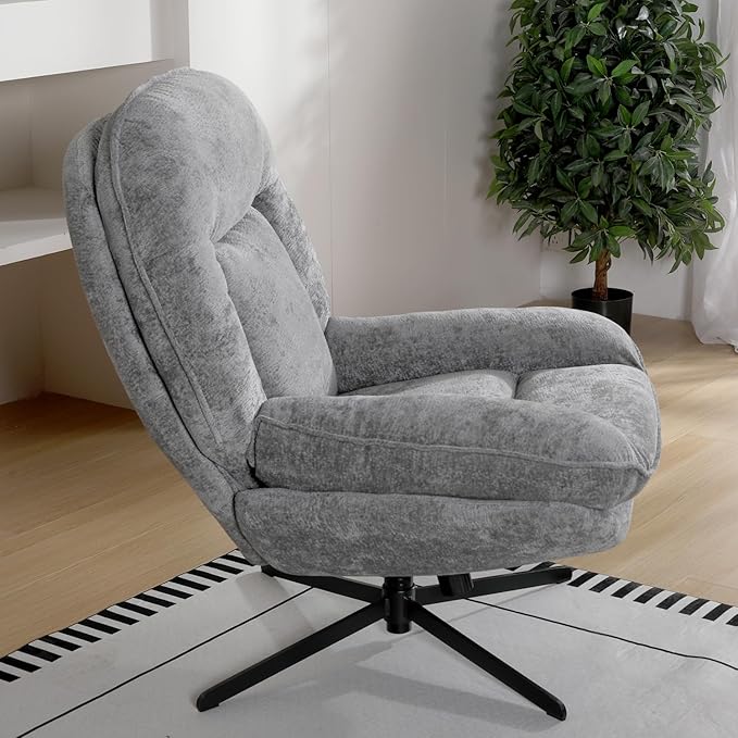 1 Pack 360°Free Swivel Accent Chair for Living Room, Slightly 20°Rocking, 24" High Backrest Upholstered Armchair, Ergonomic Design, Chenille Breathable Soft Fabric Modern Single Sofa, Gray