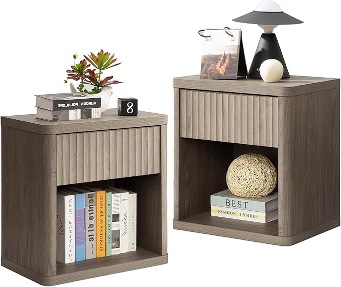 SICOTAS Night Stand Set of 2 Nightstands with Drawer Storage Fluted Bed Side Table End Table Large Modern Wide Bedside Stand Mid Century Night Stands for Bedroom Living Room Sofa Office, Grey Alder