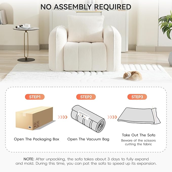 Oversized Boneless Corduroy Accent Chair, Comfy Deep Seat Armchair for Bedroom, Modern Upholstered Living Room Sofa Chair with Pillow, No Assembly, White