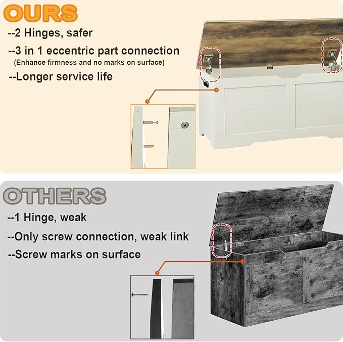 Timberer 39.4" Storage Chest, Wooden Storage Bench, Lift Top Toy Chest with 2 Safety Hinges, Large Toy Box, Entryway Bench for Living Room, Bedroom, Brown and Rustic White