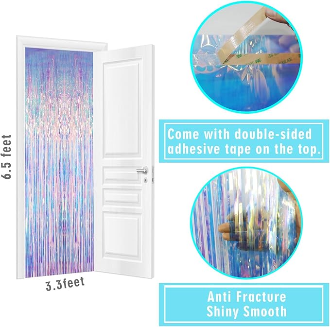 GOER 3.2 ft x 6.5 ft Metallic Tinsel Foil Fringe Curtains Party Photo Backdrop Party Streamers for Mermaid Birthday Party Decorations(2 Packs,Iridescent)