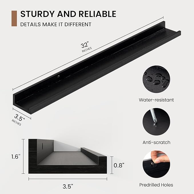 Picture Ledge Shelf, Floating Shelves Set of 2, 32 Inches Solid Wood Nursery Book Shelves for Toys Storage, Kids Bookshelf Wall Mounted for Living Room Bedroom Decor Books Photo Frames, Black