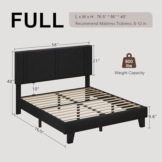 Upholstered Full Size Bed Frame with Linen Fabric Headboard, Strong Wooden Slats Support, Noise Free, No Box Spring Needed, Black