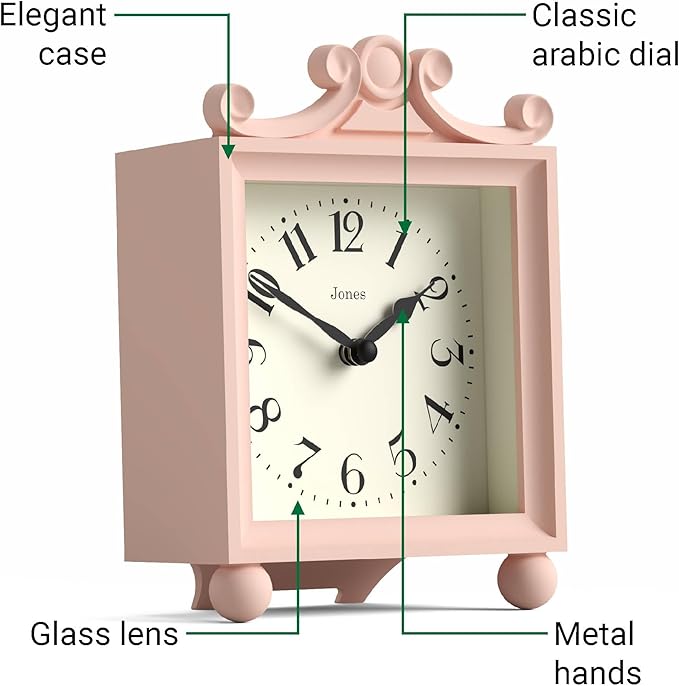 JONES CLOCKS® Parlour Mantel Clock | Classic Carriage Clock | Rose Pink | Elegant Square Decorative case, Perfect for Mantel, Shelf, Table or Bedside