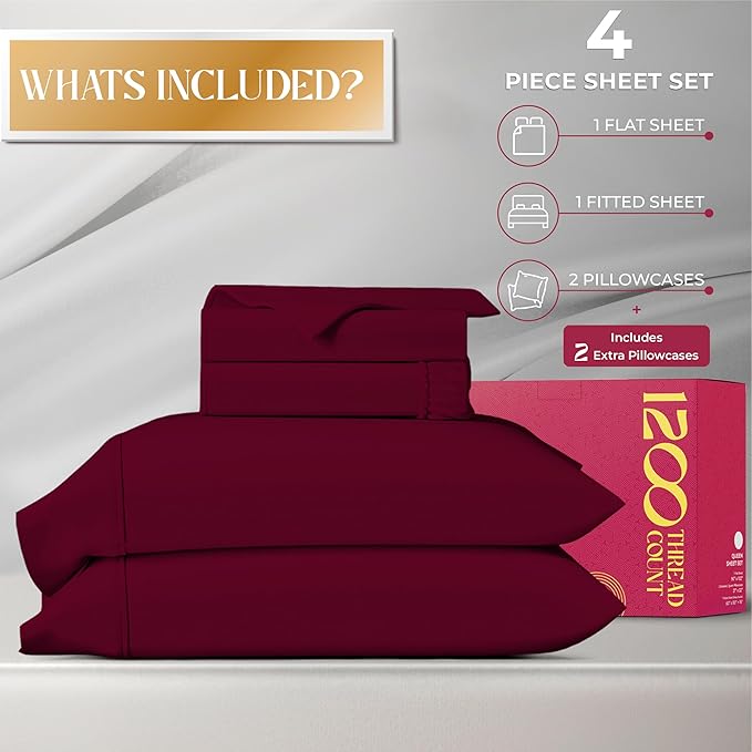 Mayfair Linen 100% Egyptian Cotton Sheets California King Size - 1200 Thread Count 4 PC Cal King Sheets Egyptian Cotton, Cooling Sateen Sheet, High Thread Count Sheet California King - Burgundy