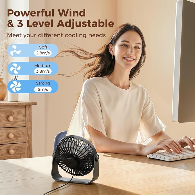 TriPole USB Desk Fan Portable Mini Fan Powerful 3 Speeds Wind Personal Desktop Fan with 360° Head Rotation for Home Office Car Indoor Outdoor Black, No Battery, 4.5 Inches