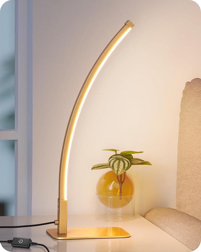 EDISHINE Curved LED Table Lamp, Modern Bedside Lamp with 3 Color Temperature & Stepless Dimming, Aluminum & Iron, Nightstand Lamp for Bedroom, Living Room, Gold