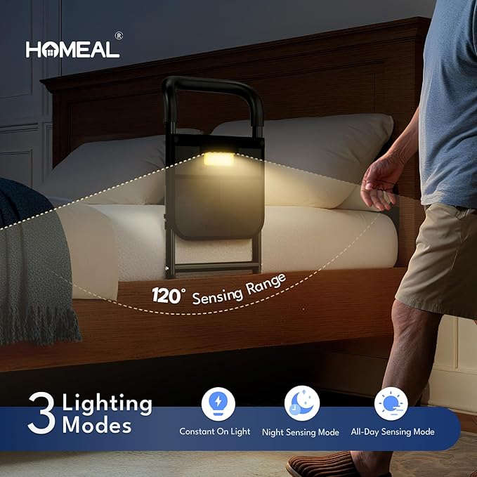 HOMEAL Bed Rails for Elderly Adults Safety - Adjustable Bedside Assist Rails for Seniors, Adult Bed Cane with Non-Slip Handle, Motion Light & Fixing Strap, Fit Standard & Adjustable Bed (Black)