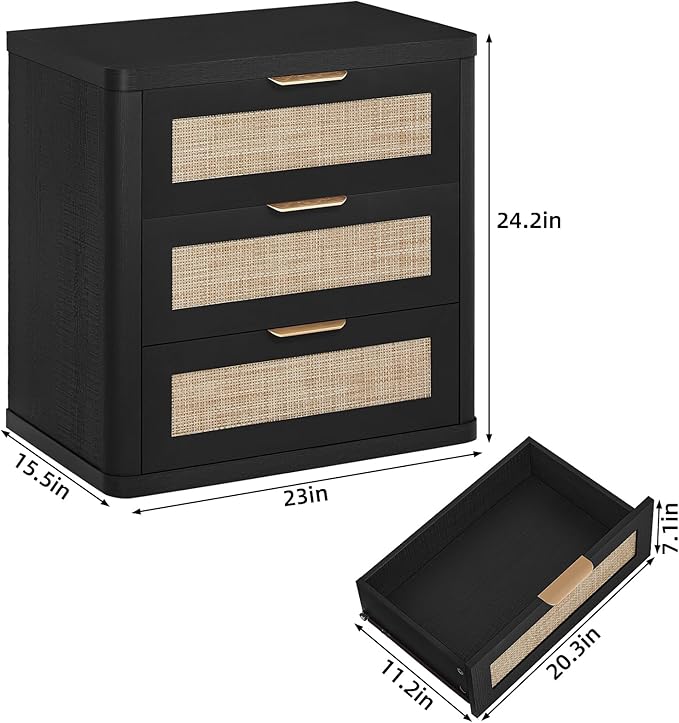 LEYAOYAO Rattan Night Stand with Drawers, 23" Large 3 Drawer Boho Nightstand, Black Bedside Table Storage Cabinet, Bed Side End Tables Dresser for Bedroom, Living Room, Hallway, Closet