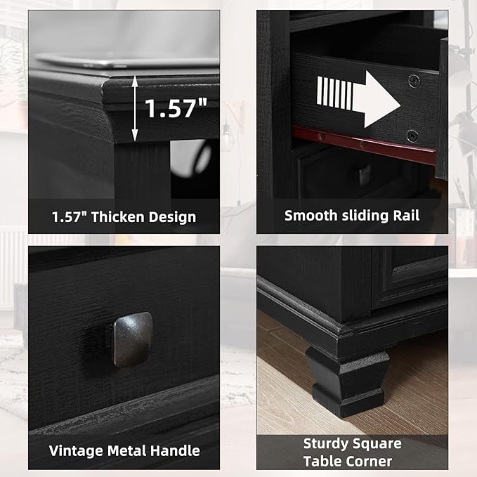 SAVOR LIFE Farmhouse Side Table with Charging Station, Rustic Black Nightstand,2 Drawers End Table for Living Room,Bedside Table with Open Shelf for Bed Room,Black