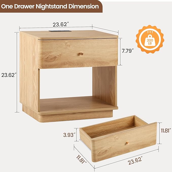 Narrow Nightstand Set of 2, Wooden Small 2 Drawer Nightstand, Slim Side End Table, Skinny Bedside Table, Mid Century Modern Night Stand with Drawers, for Living Room (Natural-Charging Station-1 pc)