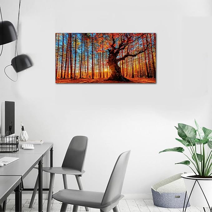 Large Forest Wall Art Forest Sunset Canvas Pictures Red Leaf Trees Landscape Canvas Artwork Contemporary Nature Picture for Living Room Bedroom Home Office Wall Decor Framed Ready to Hang 20" x 40"