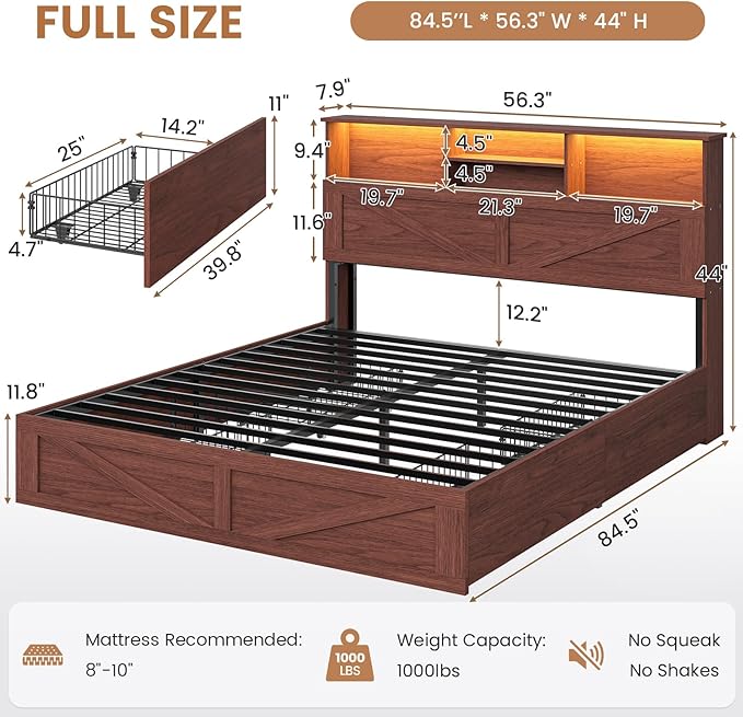 VIAGDO Farmhouse Bed Frame Full Size with Bookcase Storage Headboard, Charging Station and LED Lights, Wooden Full Bed Frame with 4 Drawers, Barn Door Design, No Box Spring Needed, Reddish Brown