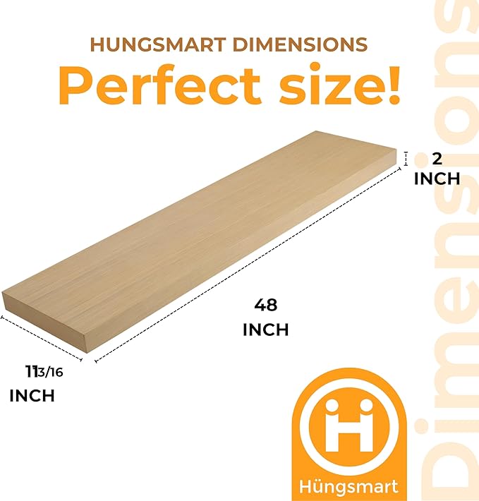 HÜNGSMART 48 Inch Wooden Floating Shelf – Supports 300lbs – Carpenter Designed - Engineered Wood 4 Foot Long - Oak Finish – Includes Laser Welded Precision Wall Bracket (48 inches x 11 13/16 inches)