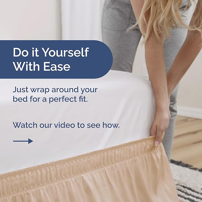Wrap Around Dust Ruffle Bed Skirt - Cream - for Queen Size Beds with 15 in. Drop – Easy Fit Elastic Strap - Pleated Bedskirt with Brushed Fabric - Wrinkle Free, Machine Wash - by CGK Linens
