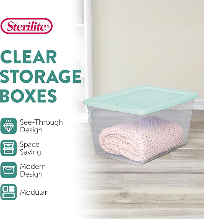 Sterilite 16 Pack Storage Boxes, Clear Plastic Stackable Containers, Lightweight Home Organizers with Snap Lids, 58 Quart, Mindful Mint