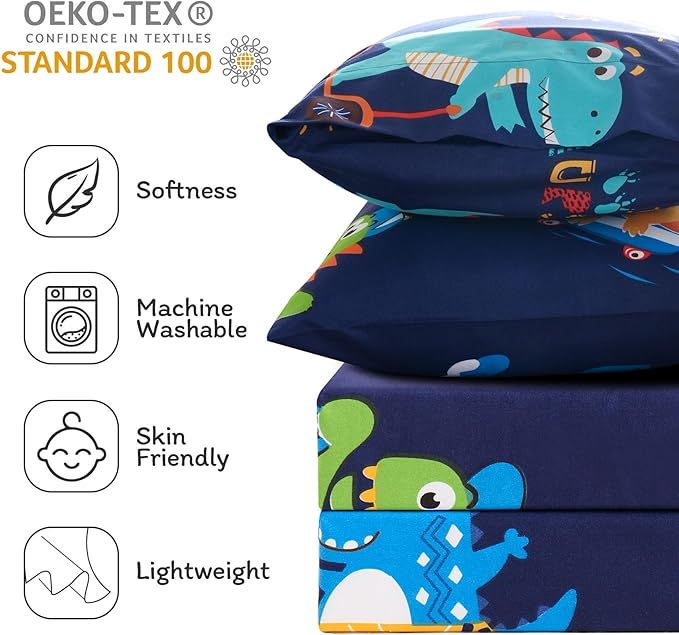 JSD Blue Dinosaur Kids Sheet Set Full Size, 4 Piece Sports Printed Microfiber Sheets Deep Pocket