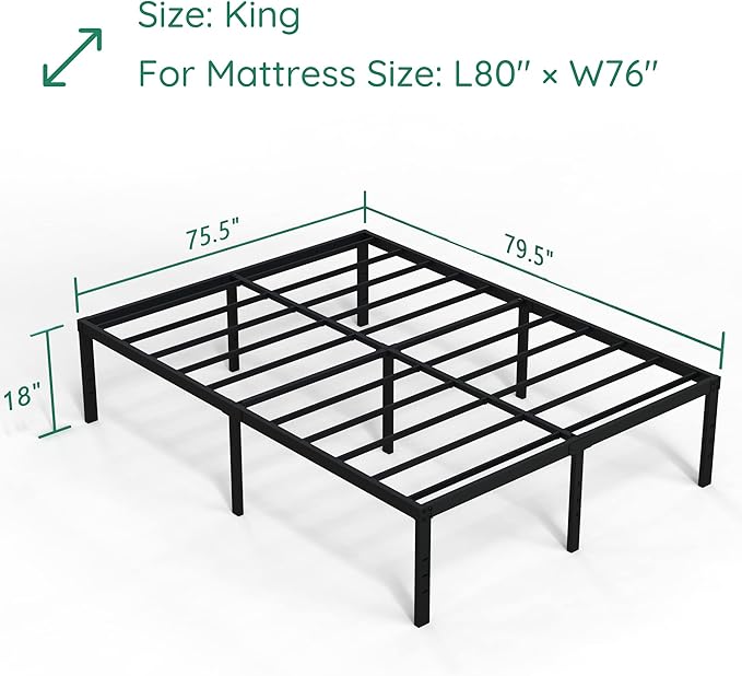 18 Inch King Bed Frame Heavy Duty Metal Platform No Box Spring Needed, Maximum Storage, Easy Assembly, No Noise, Black